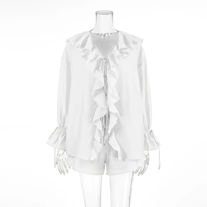 Tornova Womens Ruffled Shorts Sets V Neck Lace Up Shirt Spring Casual