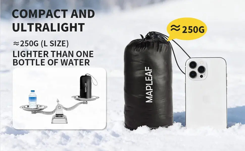 MAPLEAF ultralight winter down pants in a compact black bag with MAPLEAF logo; ~250g.