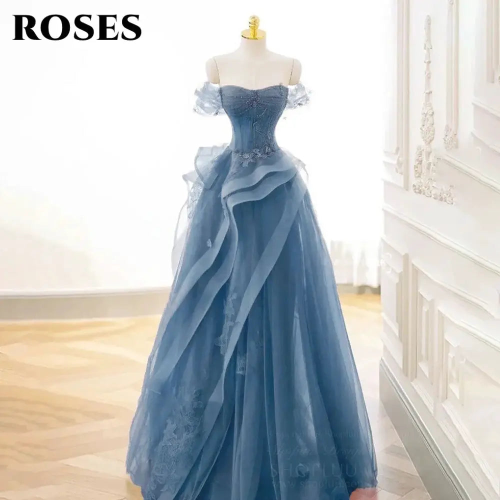 Roses Sage Green Prom Dress Appliques Tulle Tiered Pleats Sweetheart