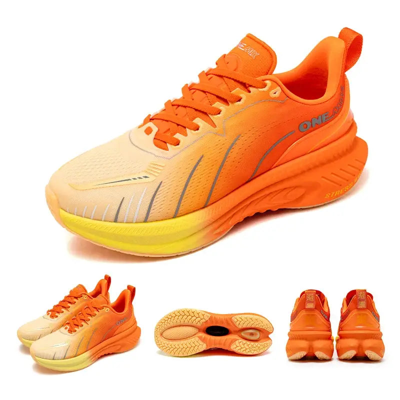 ONEMIX cushioning running shoes for men, orange gradient mesh upper with yellow sole, lace-up outdoor sneakers