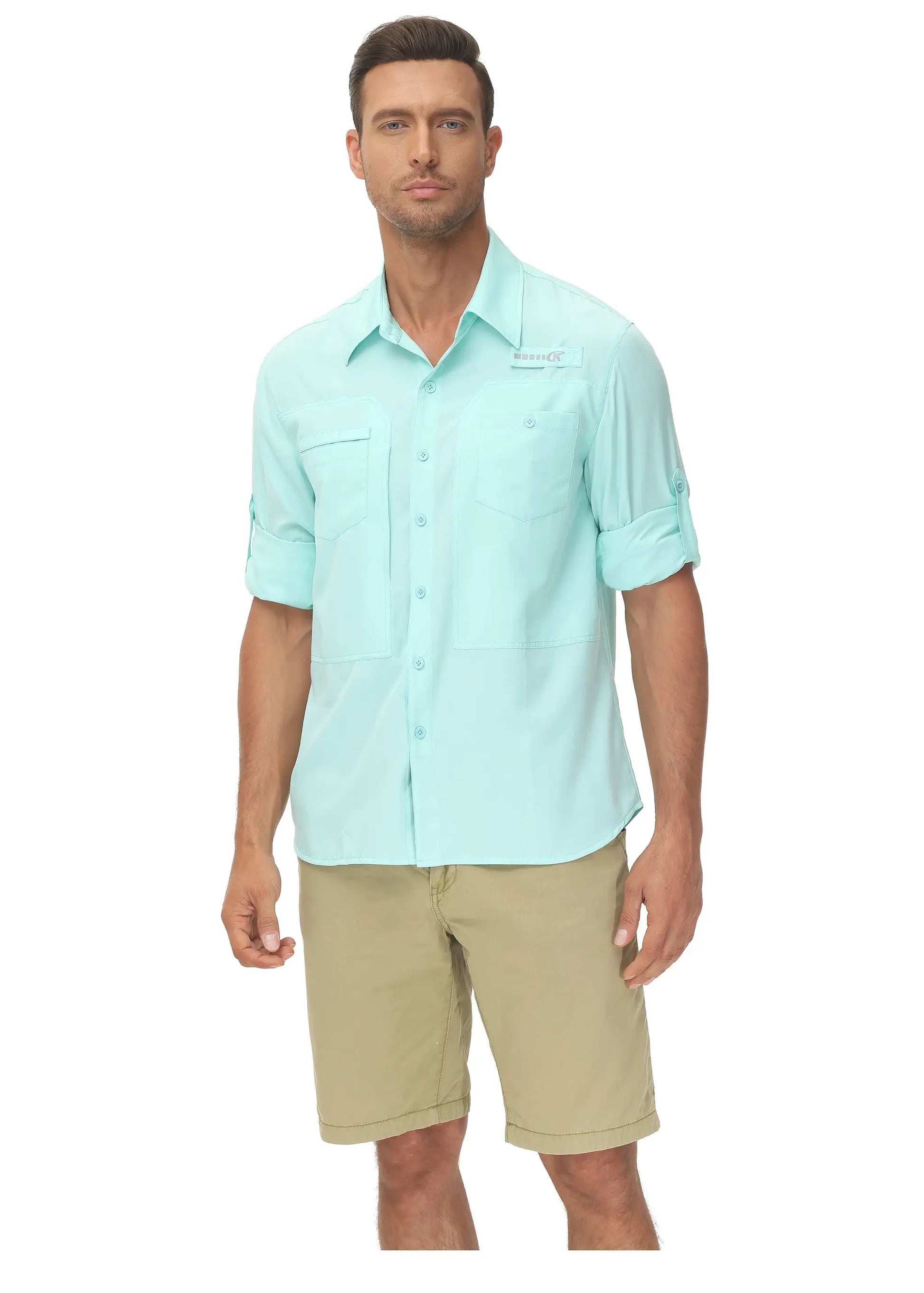Men's UPF 50+ long-sleeve fishing shirt in light mint by Simples Market with button-down front and chest pockets