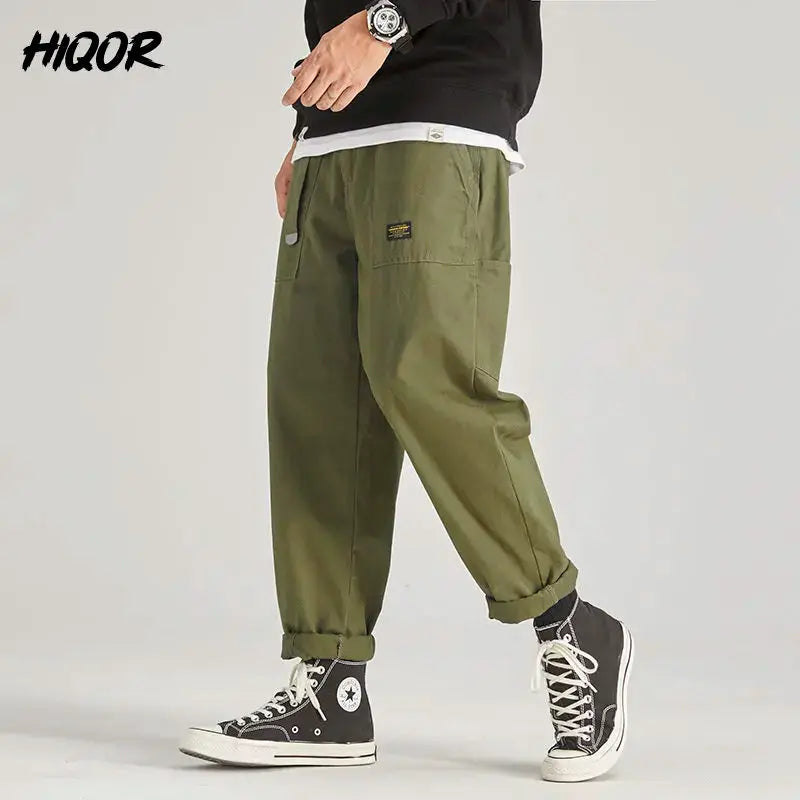 HIQOR men's olive green cargo pants with multiple pockets, baggy jogger streetwear