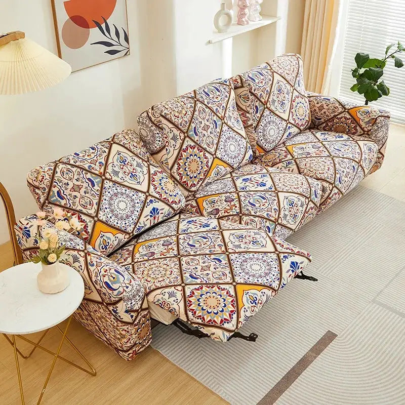 Elastic recliner sofa slipcover with colorful tile-print pattern by Simples Market