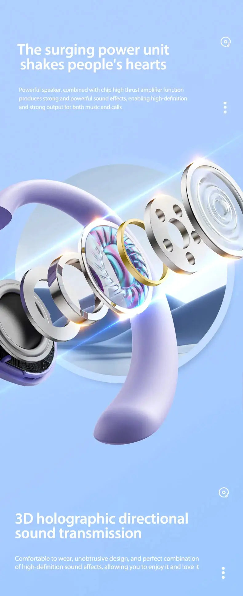 MINISO X15Pro translator Bluetooth headset earphones, lavender color, exploded view of internal components