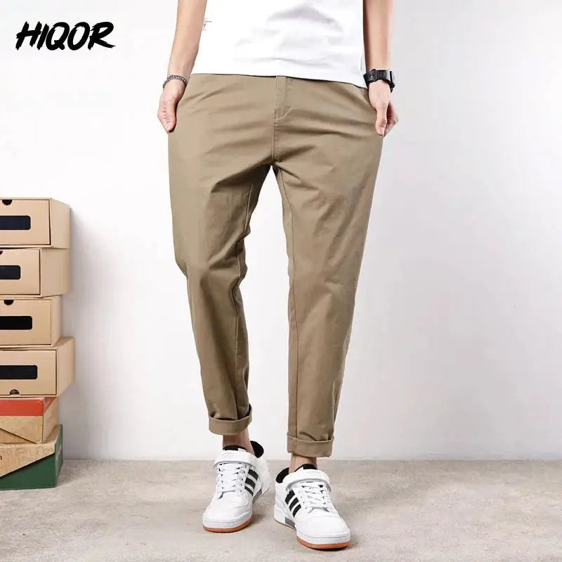 HIQOR men's khaki cotton casual pants, loose fit with rolled cuffs for streetwear style