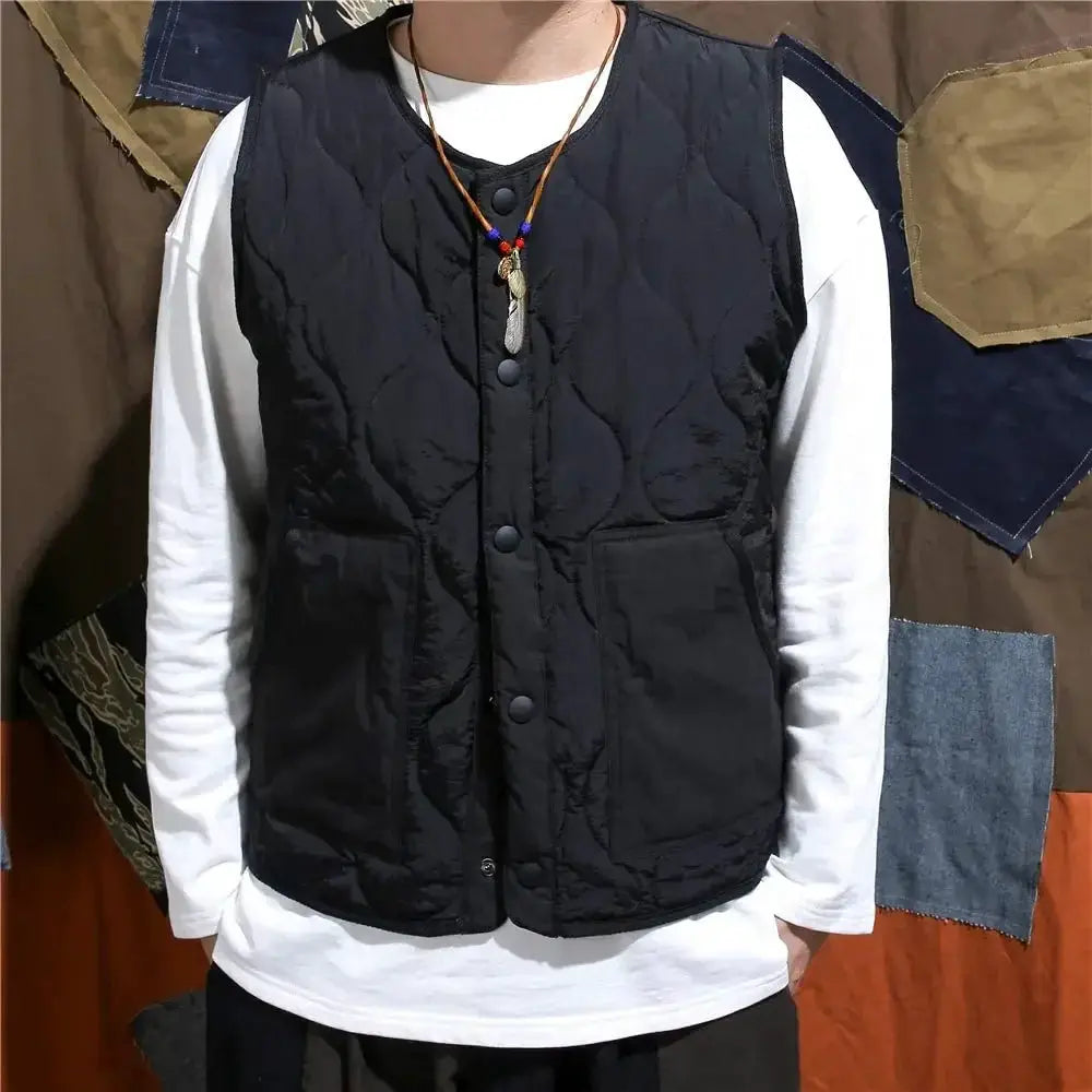 Vintage cotton padded vest, black quilted sleeveless jacket, thick warm casual outerwear for men