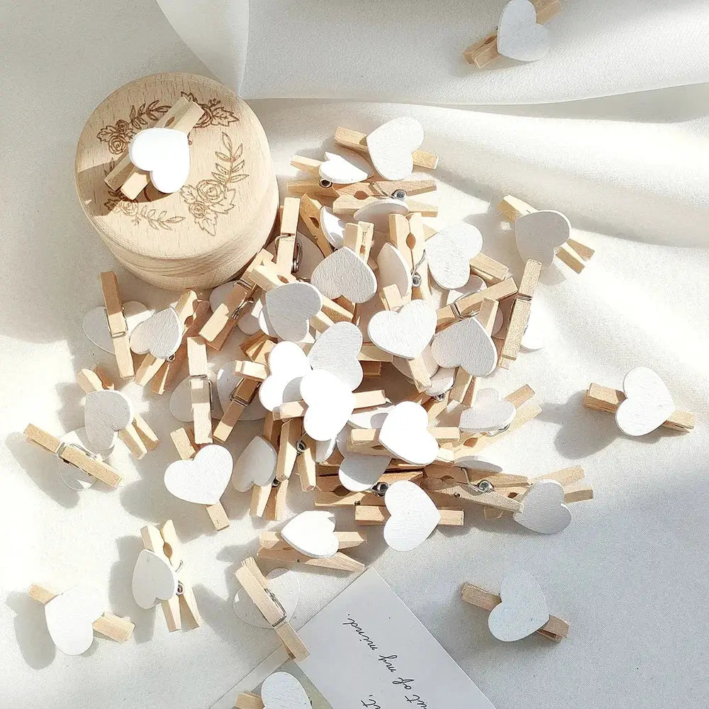 Heart-shaped wooden clothespins, 50pcs, natural wood with white hearts for photo display and decor