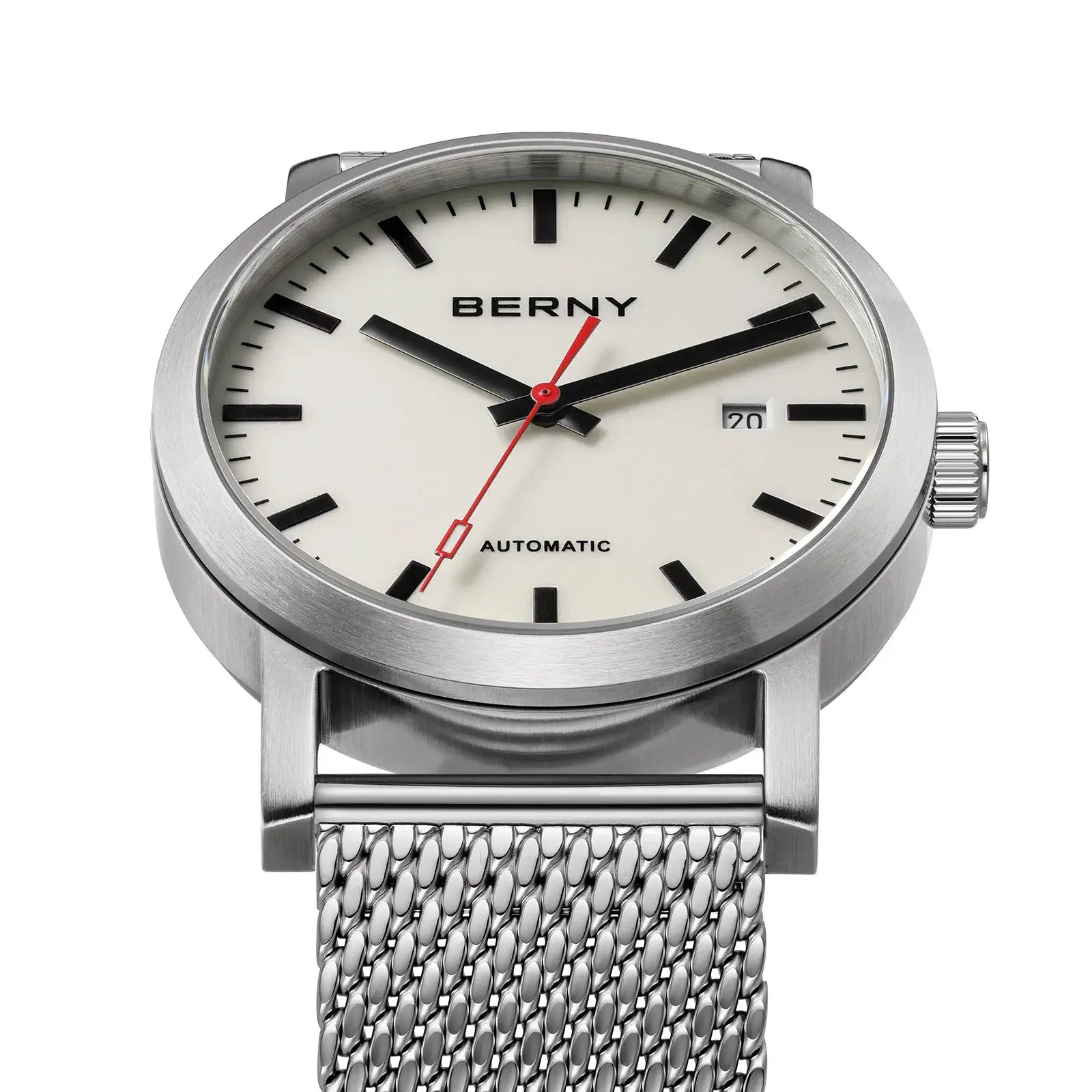 BERNY automatic men's watch with stainless steel mesh band and white dial