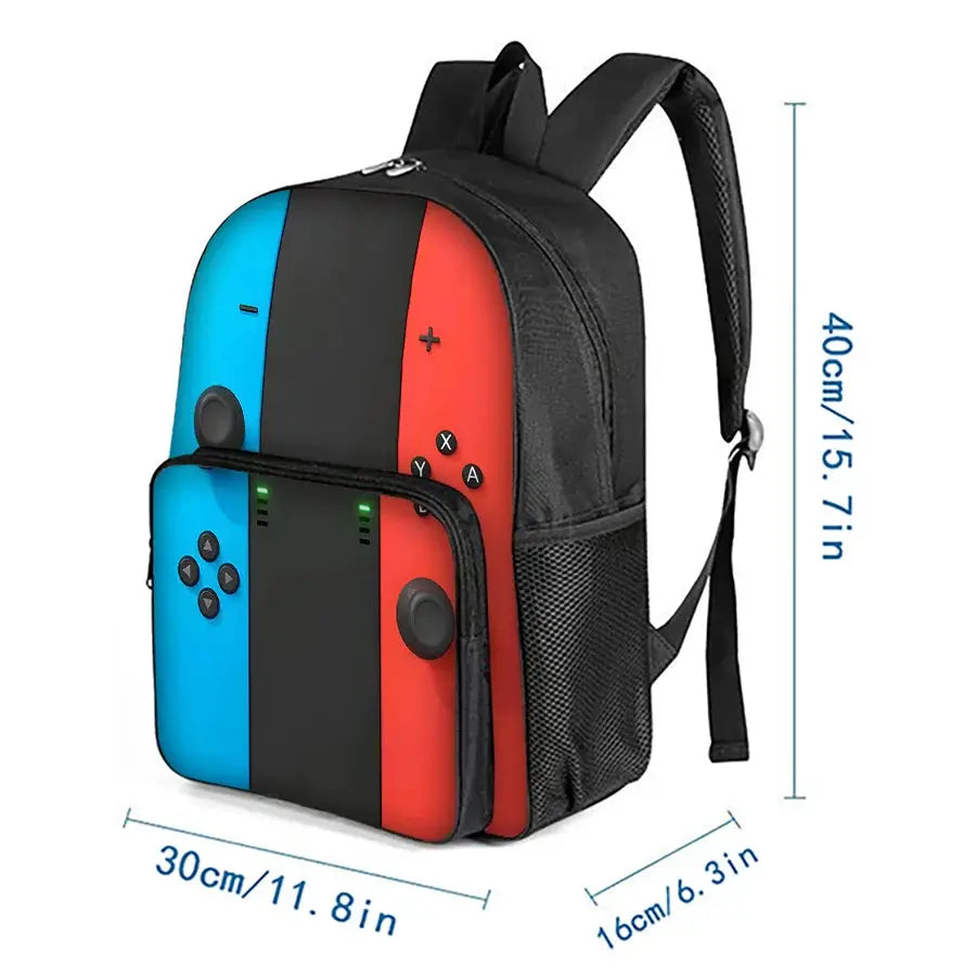 GamePad pattern square front-pocket backpack with blue/red color blocks for kids.