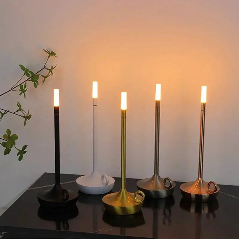 Simples Market Atmosphere LED candle lamps, 5 USB-charging desk lights in black, white, gold, silver, and copper.