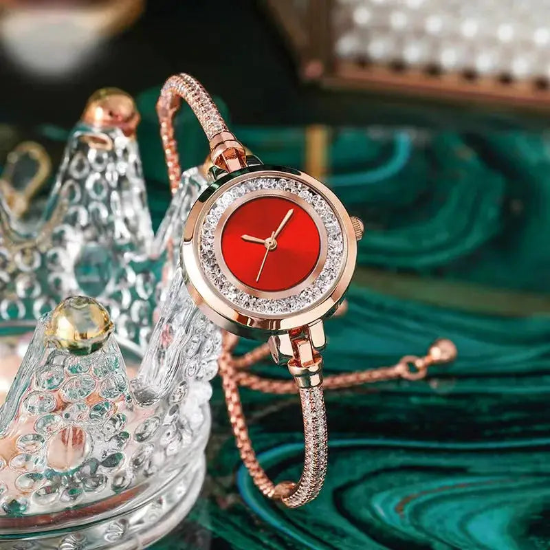 Women's wristwatch with rose-gold bracelet, crystal-accented bezel and red dial