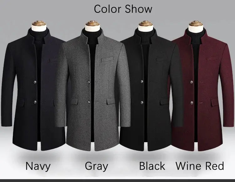 Men's wool trench coat, business casual, in four colors: navy, gray, black, wine red