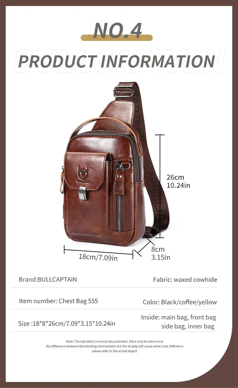 BULLCAPTAIN genuine leather chest bag, brown waxed cowhide, front pocket and vertical zipper, 18x26x8 cm