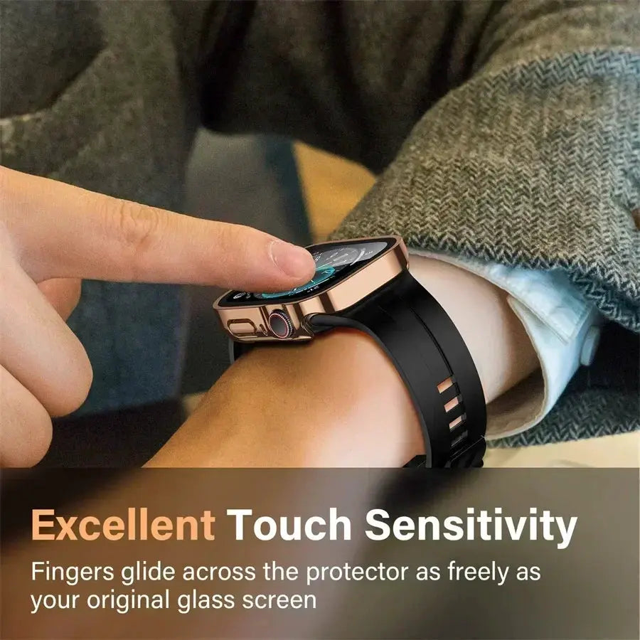 Simples Market screen protector for Apple Watch; tempered glass PC bumper for 40–46mm models (Series 7–4, SE)