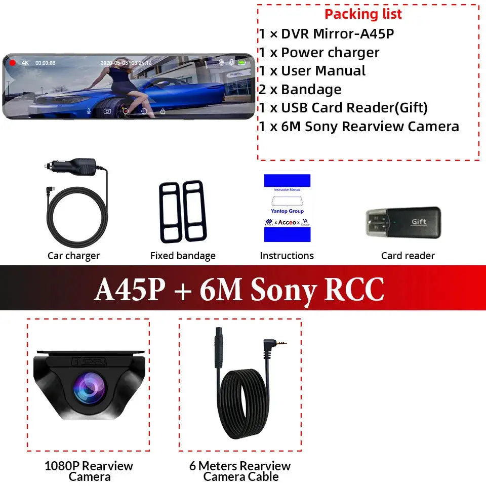 E-ACE 4K WIFI dashcam 12-inch rearview mirror with 1080P Sony camera; includes car charger, card reader, 6m cable.
