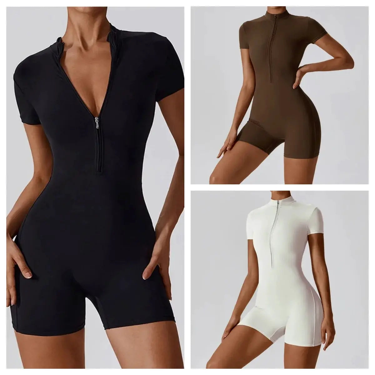 Women's zipper short-sleeve yoga jumpsuit; quick-dry breathable fitness onesie in black, brown, and white (3 colorways).