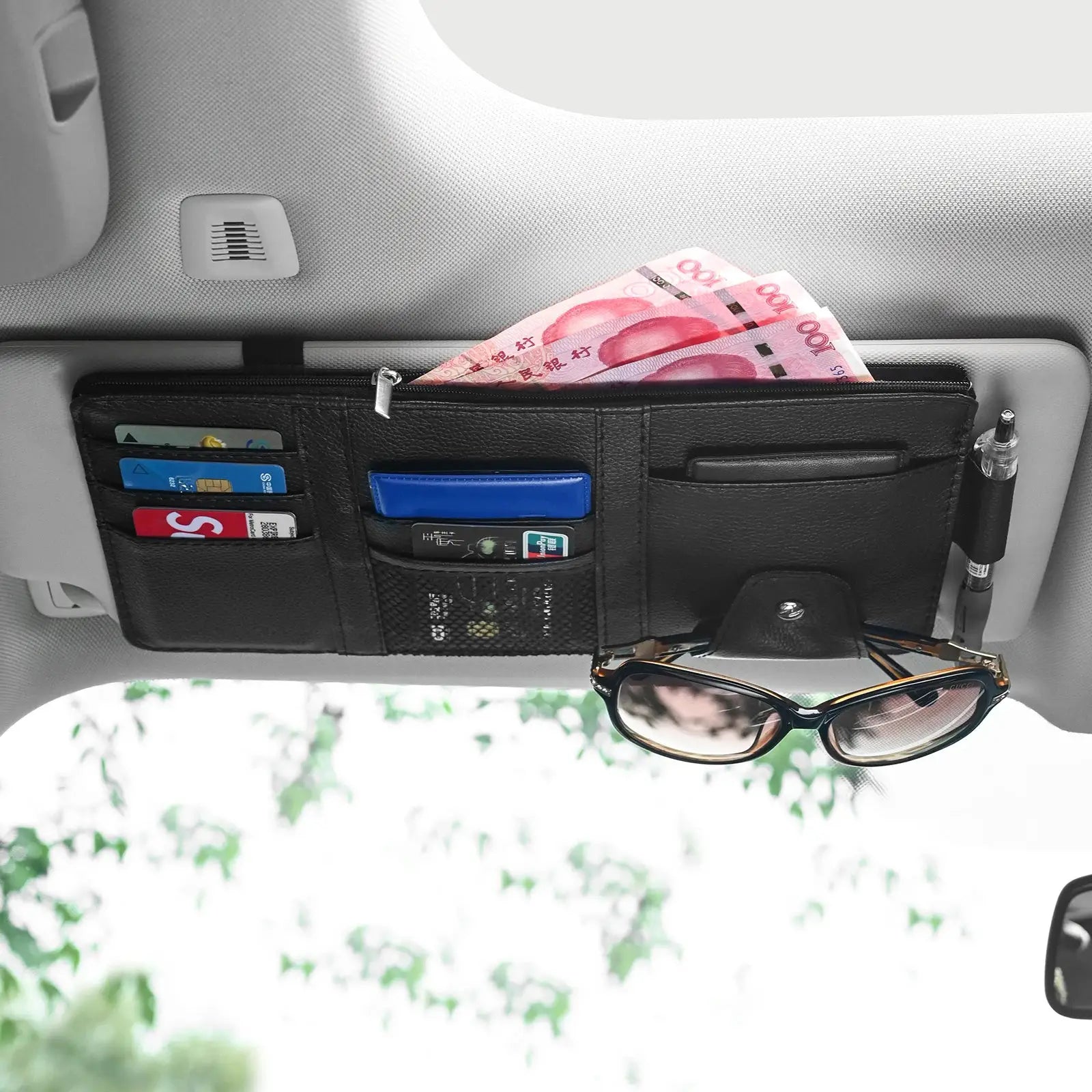 Car sun visor organizer in black leather with card slots, money pocket, pen holder and sunglasses clip