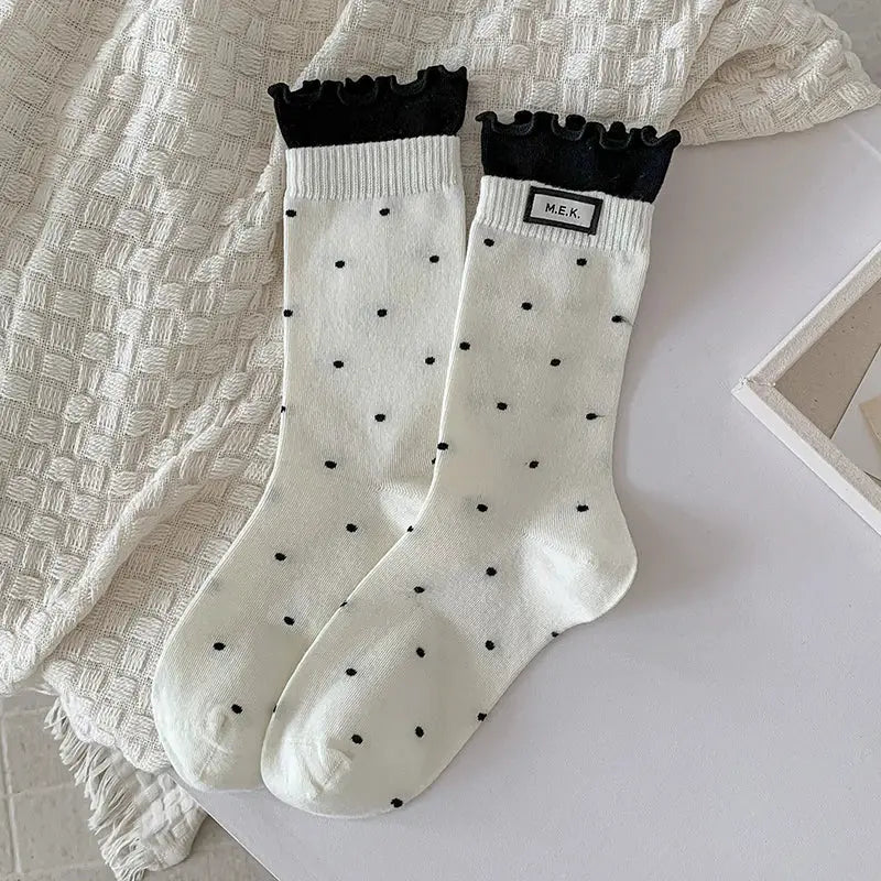 PreppySteps Womens Dots Pattern Frilly Long Socks Breathable Combed Cotton Everyday Comfort