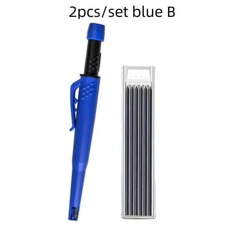 Blue 2-piece carpenter pencil set with 2.8mm deep-hole pencil and built-in sharpener