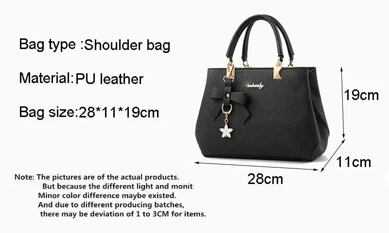 Shoulder bag by Simples Market, black PU leather with bowknot charm and gold hardware, 28×11×19 cm