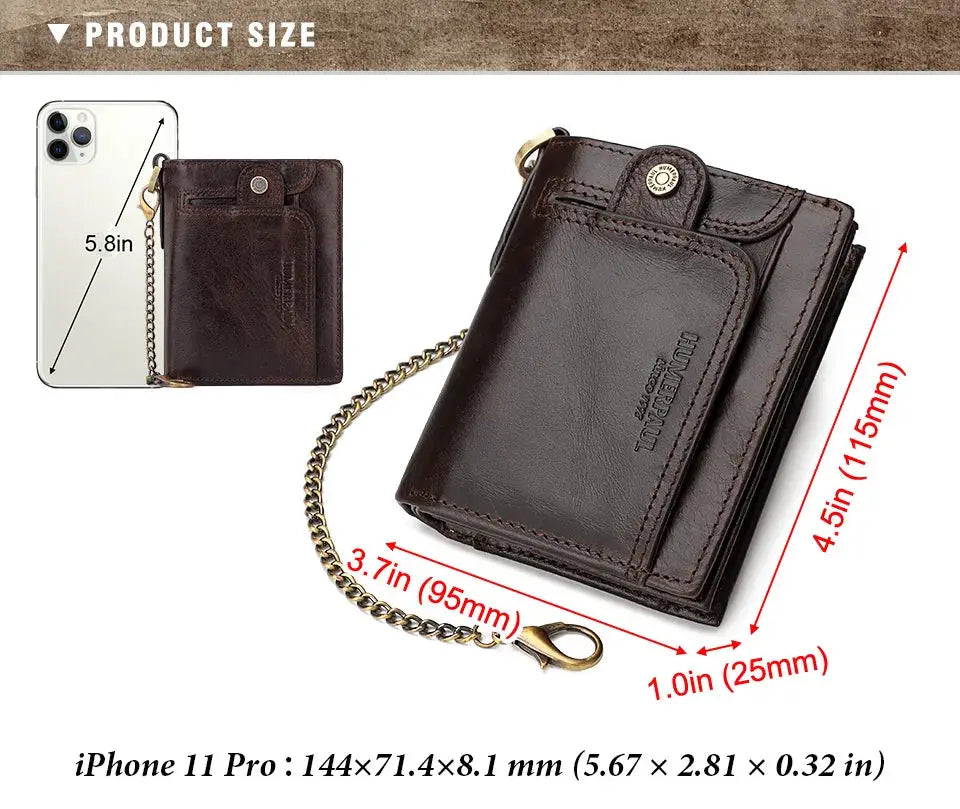 Real leather men's RFID-blocking bifold wallet with zipper coin pocket and anti-theft chain by Simples Market