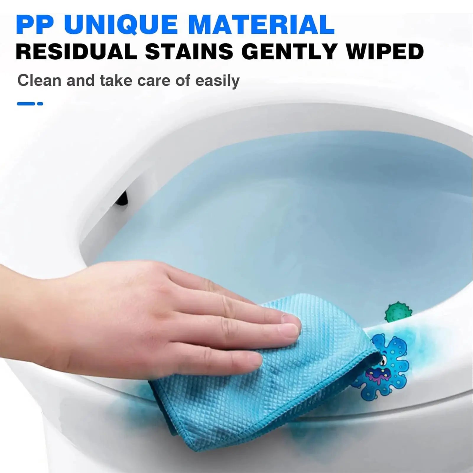 O-shaped toilet seat with slow-close lid; hand wipes it with a blue cloth