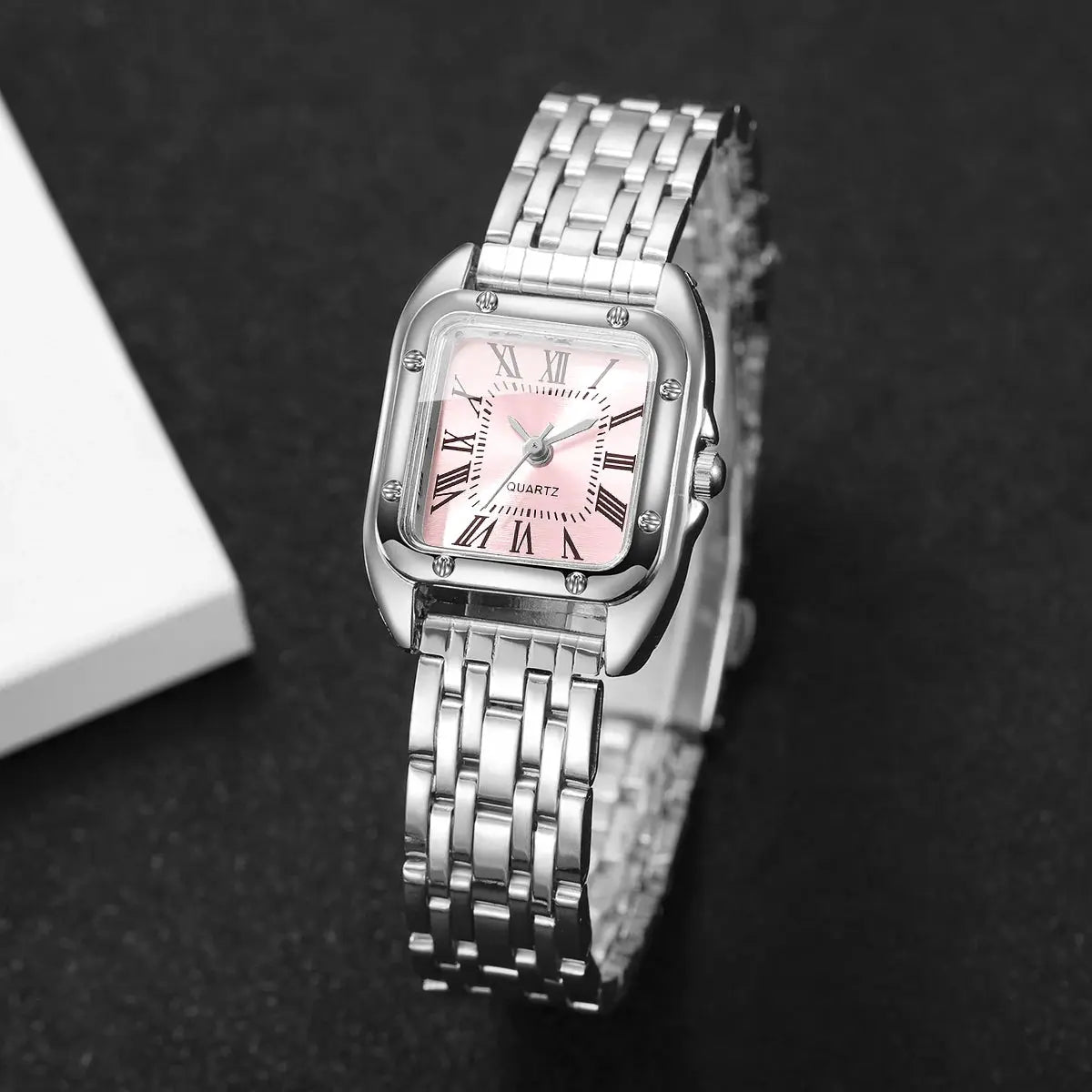Simples Market luxury square women's quartz watch with pink Roman numeral dial and silver metal bracelet