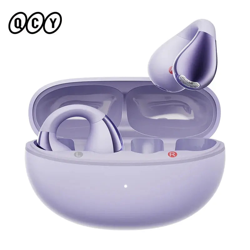 QCY Crossky C30 open-ear wireless earphones in lavender charging case with L and R indicators.