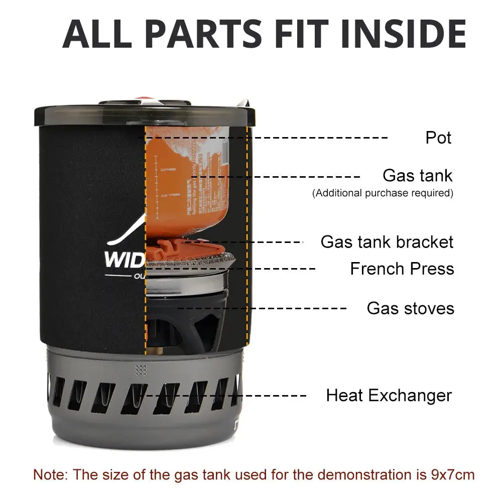 Widesea camping cooking system with heat exchanger; cross-section view shows orange gas canister, bracket, stoves