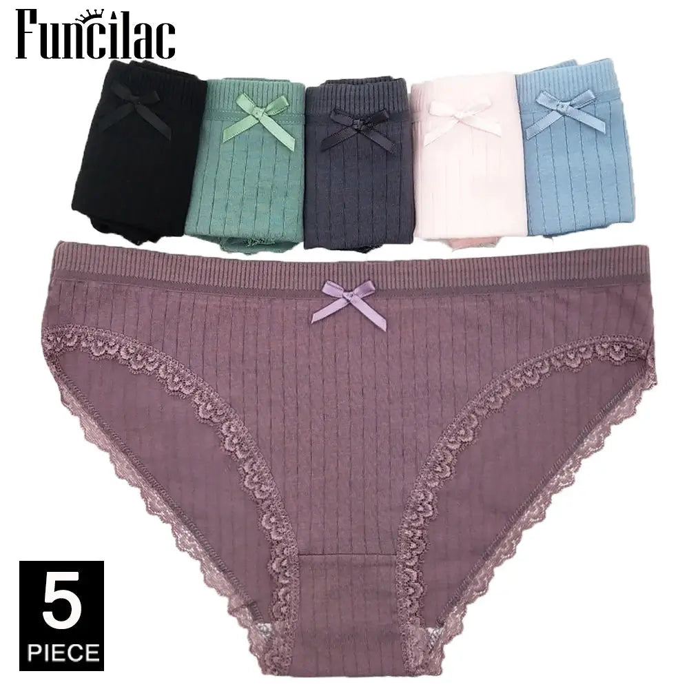 Funclac cotton bikini panties, 5-piece set in assorted colors with lace trim and front bow