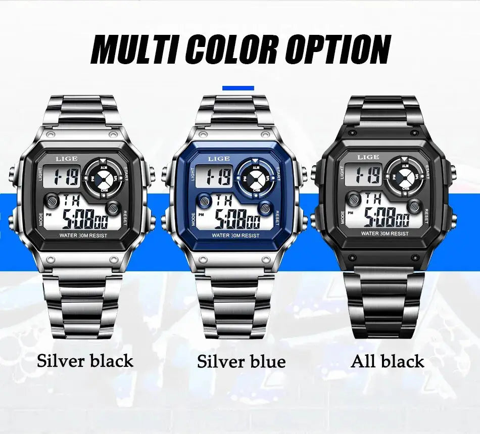 LIGE men's digital sport watch; three finishes: silver-black, silver-blue, all-black with metal bracelet