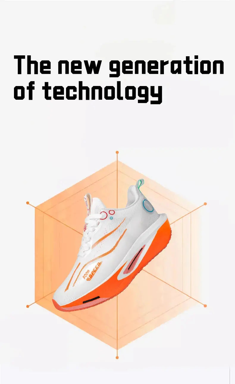 Simples Market carbon plate running shoe, white with orange outsole, breathable lightweight marathon sneaker