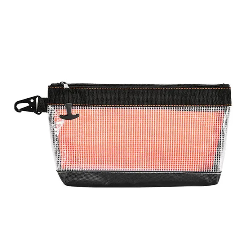 Simples Market transparent PVC mesh tool pouch with red interior, zip top, and carabiner clip