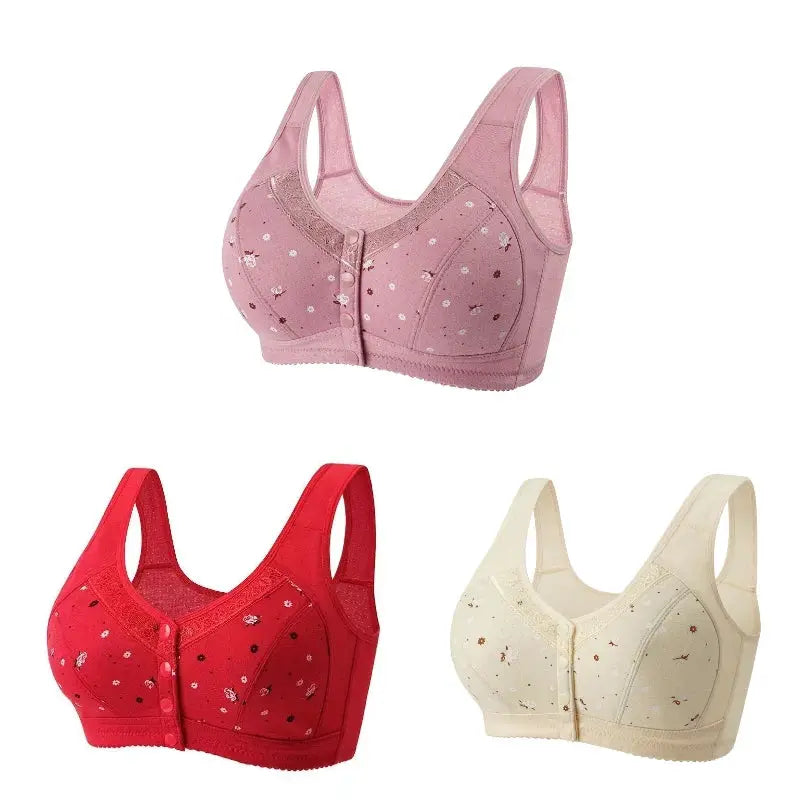 Simples Market FallSweet 3-piece front-closure bra set for women, plus-size seamless wireless lace bralette in pink, red and cream