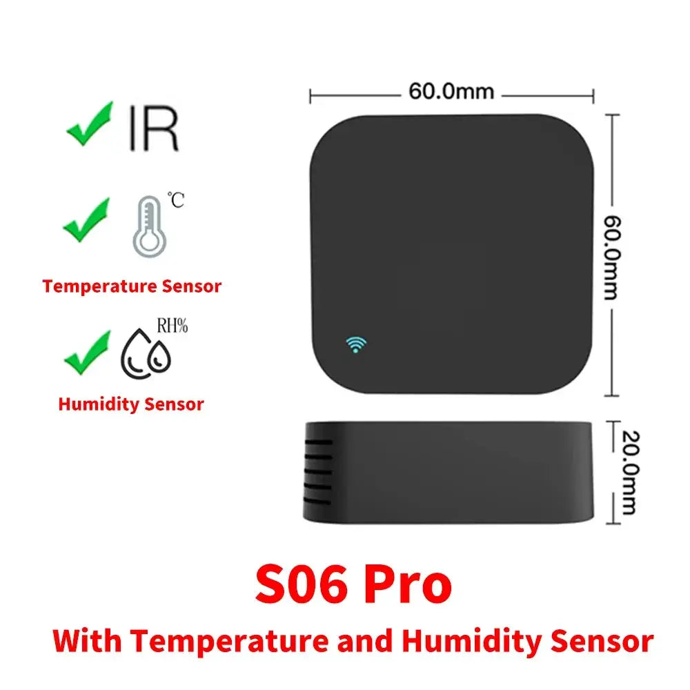 S06 Pro Tuya WiFi IR remote with temperature and humidity sensor, two-piece black