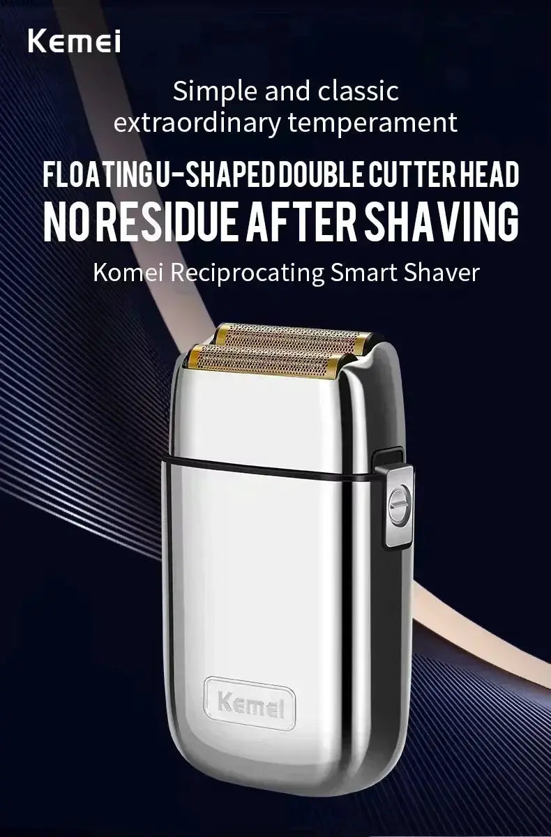 Kemei hair clipper KM-TX1 with metallic silver body and gold cutter head, rechargeable men's shaver