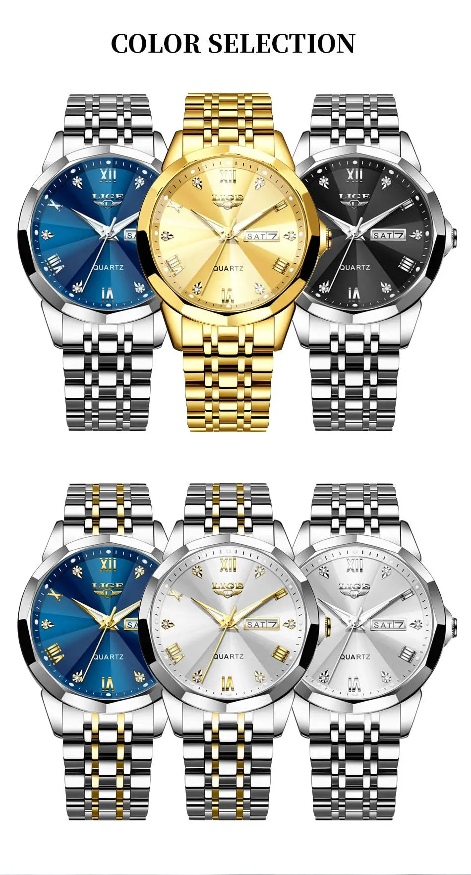 LIGE quartz women’s wristwatches: six luxury metal watches in blue, gold, black and silver tones