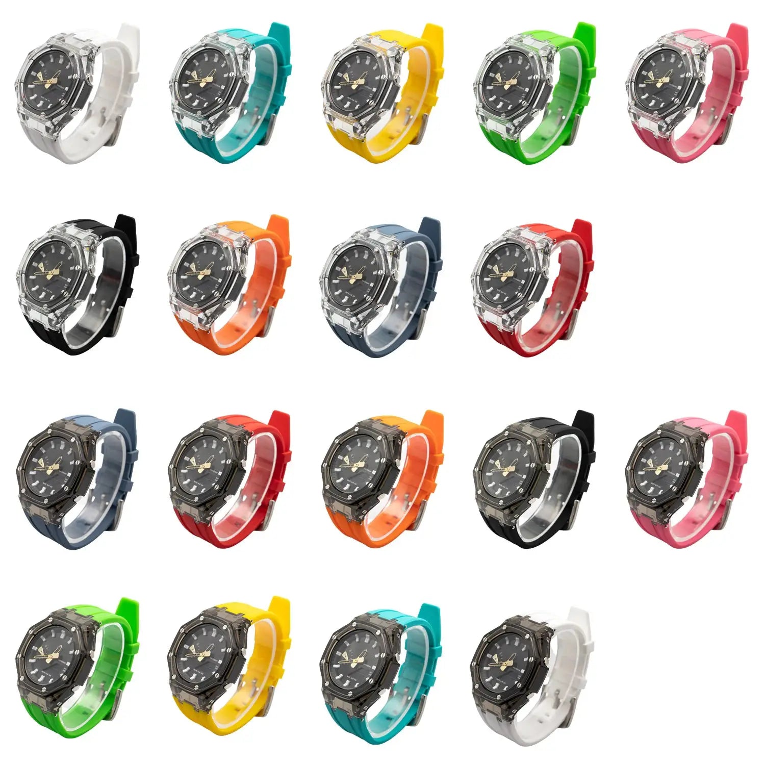 25-pack transparent Casioak GA2100/GA2110 mod kits with clear cases and multicolor rubber straps