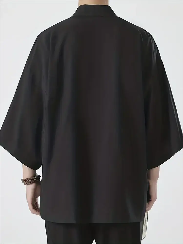 Men's black lightweight open-stitch kimono cardigan with 3/4 sleeves, back view.