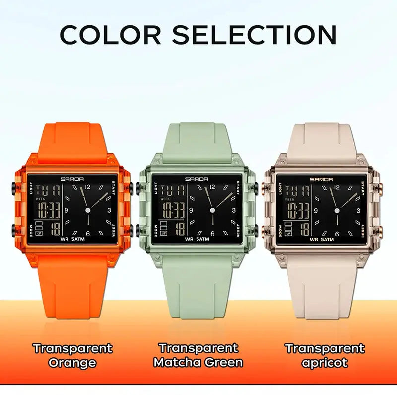 SANDA 6273 square dual-time wristwatches, three color variants: orange, matcha green, apricot.