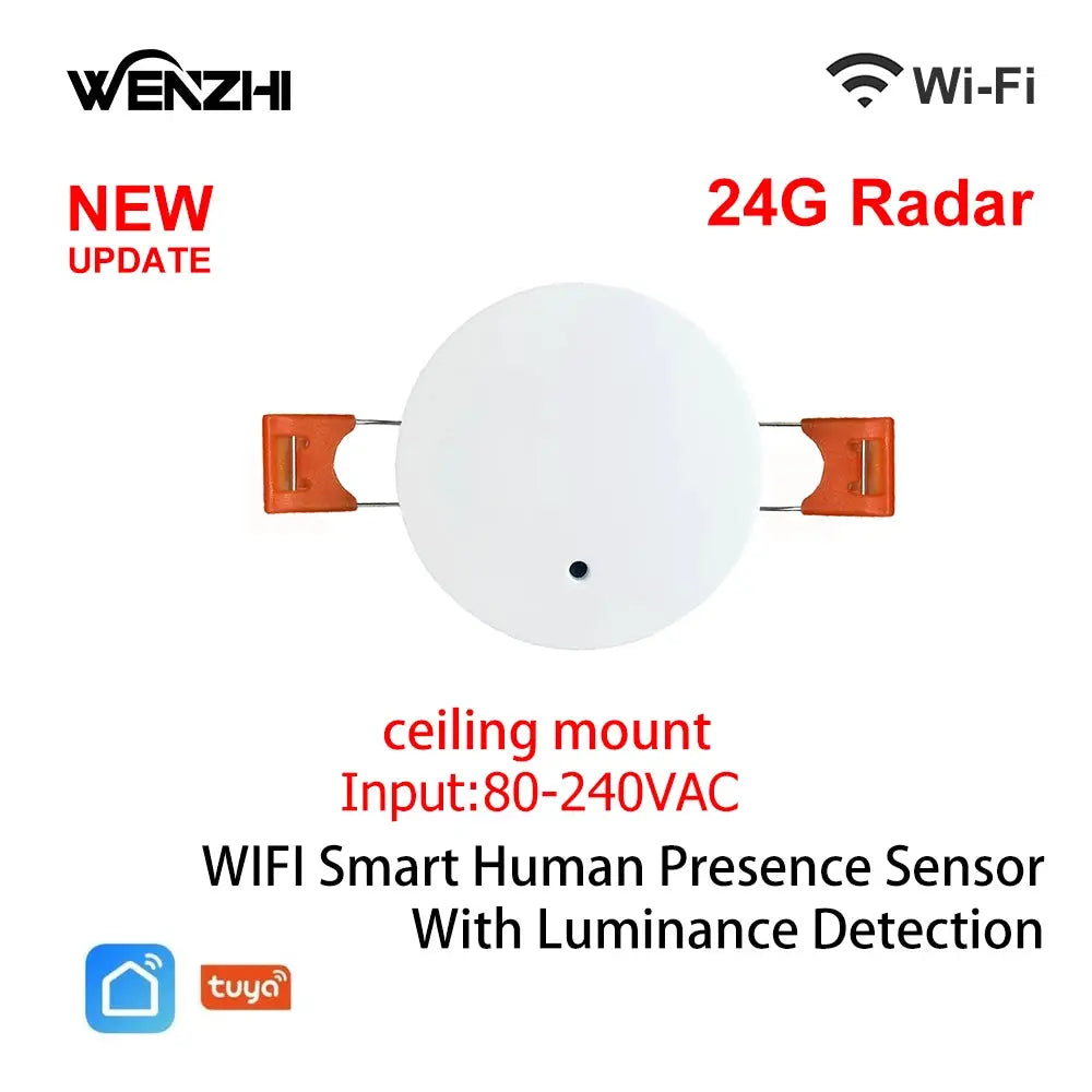 Ceiling-mount round white motion sensor with orange mounting clips and luminance detection