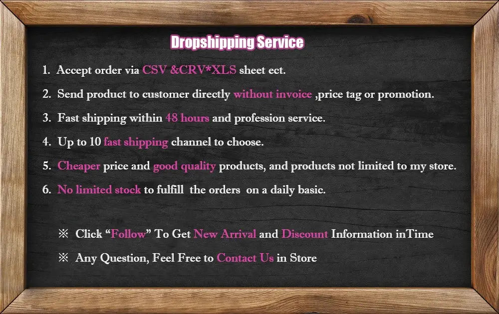 Wood-framed chalkboard sign detailing dropshipping service terms, ordering steps, and contact notes.