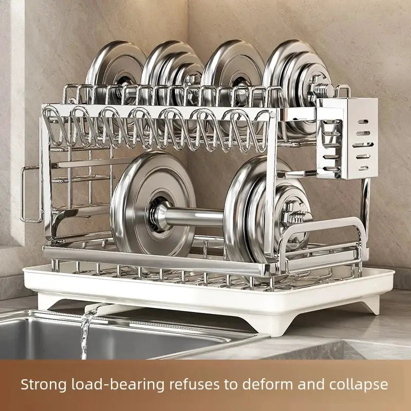 Stainless steel kitchen dish rack for plates and bowls with multi-tier rack and draining tray on a white base