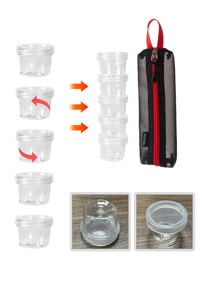 Portable camping spice kit with six clear spice bottles and a red-zippered carry pouch