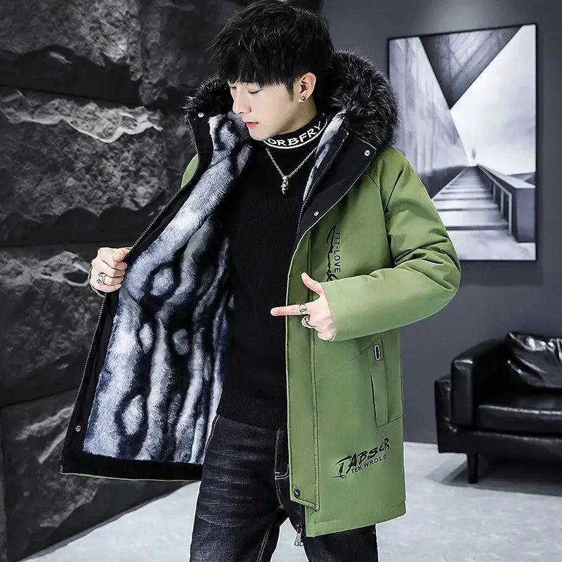 Men's long down parka in olive green with fur-trimmed hood and warm padded lining 5XL