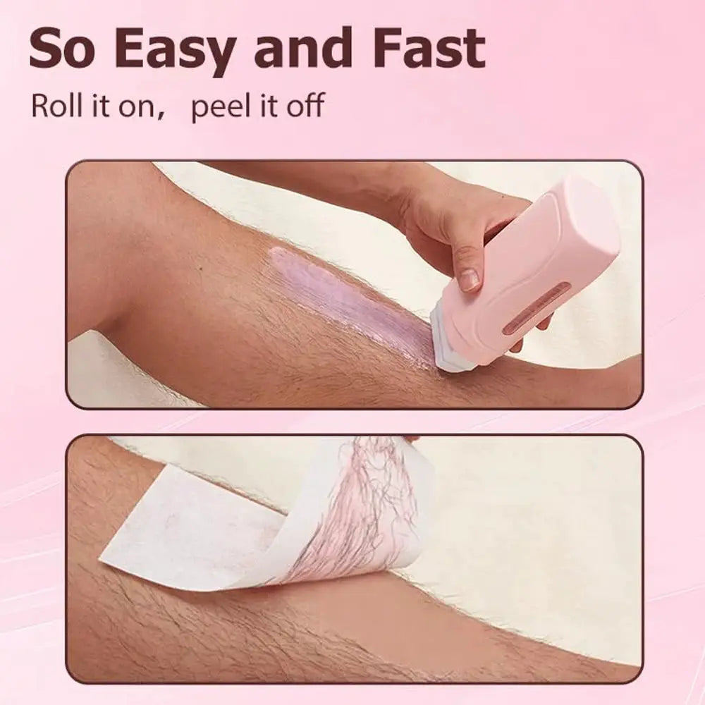 Pink roll-on waxing kit with heater and wax strips for easy depilation