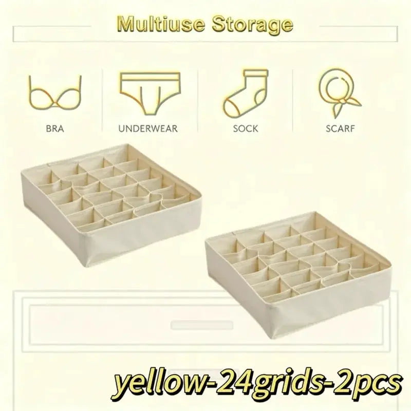 Drawer storage organizer boxes; yellow 24-grid compartments for underwear and socks, 2 pcs