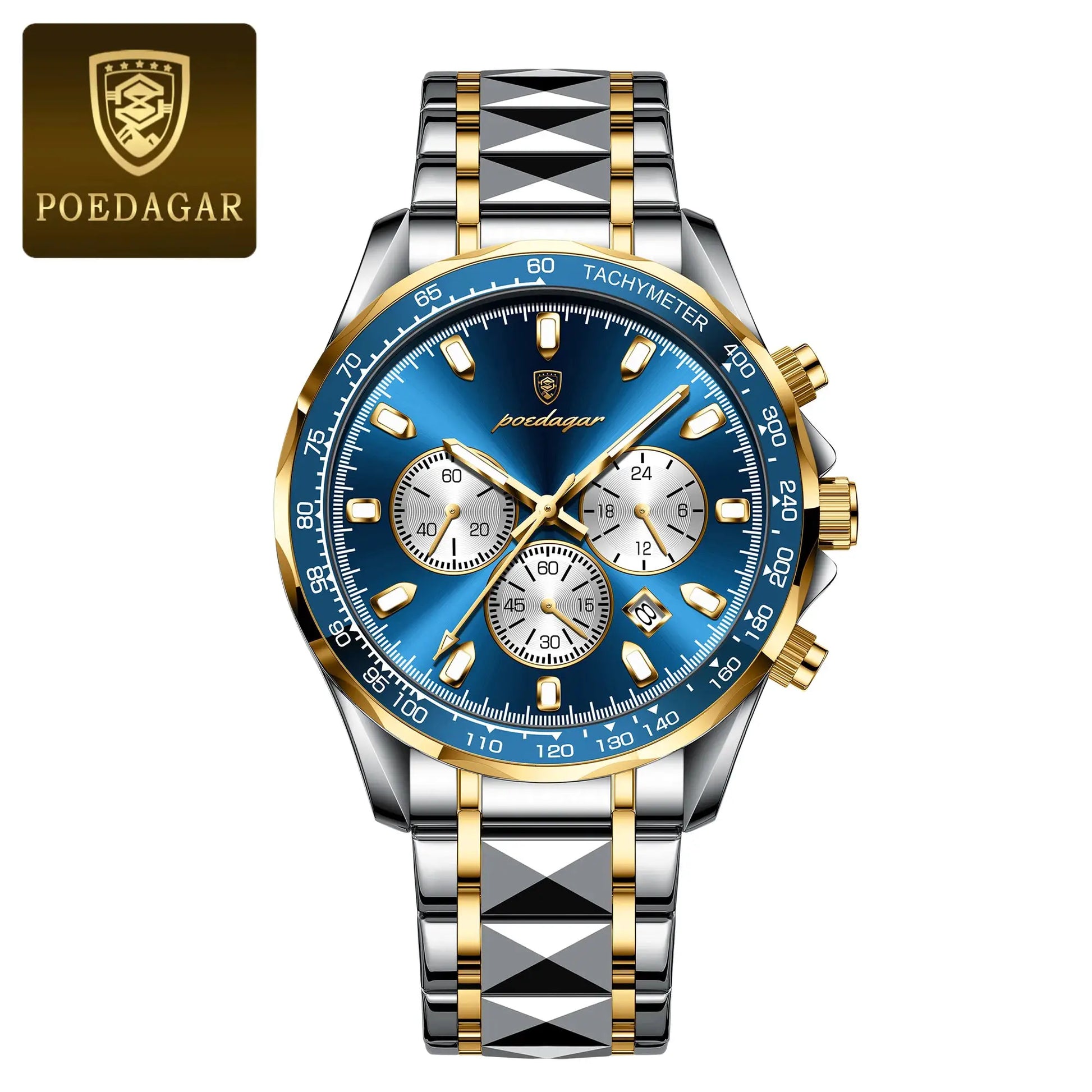 POEDAGAR men's luxury stainless steel watch with blue dial, two-tone bracelet, chronograph and tachymeter bezel