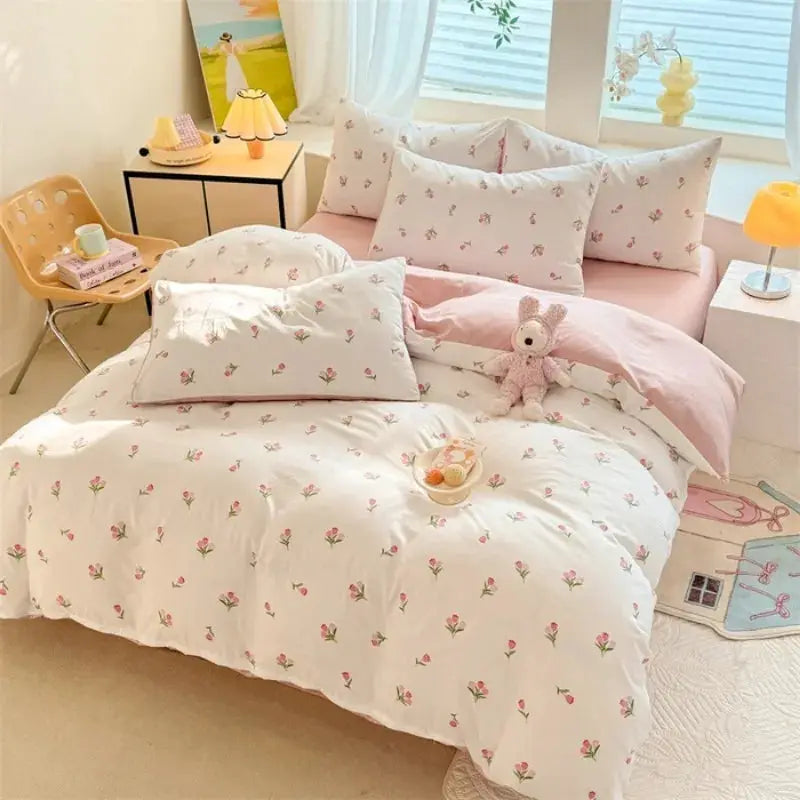 Simples Market Tulip three-piece student bedding set with soft white quilt cover featuring pink tulips and matching pillowcases