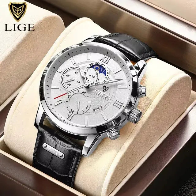 LIGE men's luxury quartz watch with black leather strap, silver dial, chronograph subdials boxed